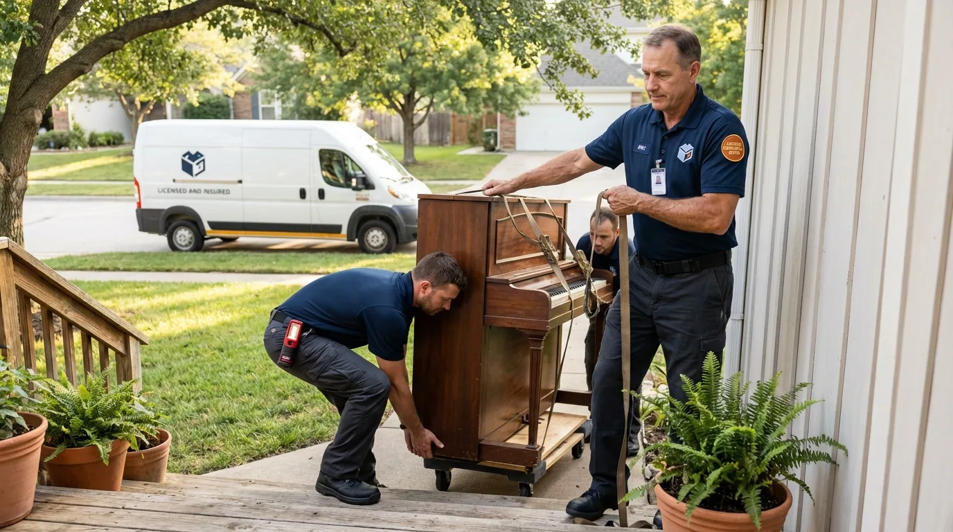 Licensed piano movers securing grand piano in Kearny, NJ