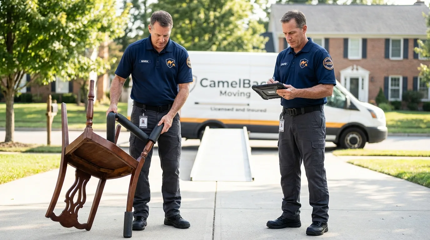 Movers inspecting furniture for damage prevention before loading in Kearny, NJ