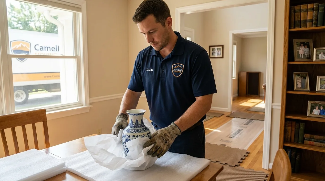 Professional crew carefully wrapping antique vase for senior downsizing move in Kearny, NJ
